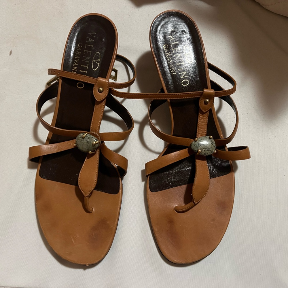Valentino Tan Kitten heel strappy Sandals with natural stones